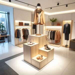 Display plinth and pedestals set with storage and removable tops in MFC by stagecraft display