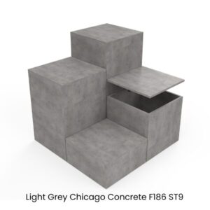 Display plinths and pedestals set with storage and removable tops in Light Grey Chicago Concrete MFC F186 ST9 by stagecraft display 2