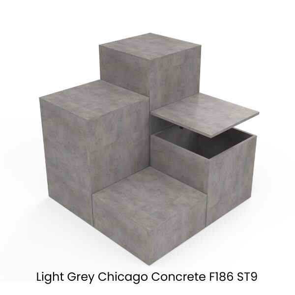 Display plinths and pedestals set with storage and removable tops in Light Grey Chicago Concrete MFC F186 ST9 by stagecraft display 2