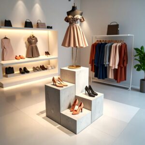 Display plinth and pedestals set with storage and removable tops in MFC by stagecraft display